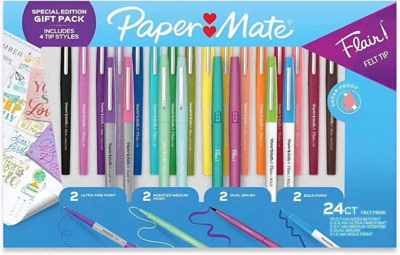 Paper Mate Flair Felt Tip Pens, 24 Vibrant Colors, Medium Point 0.7mm, 4 Unique Styles, No-Bleed Ink for Students and Teachers - Image 1