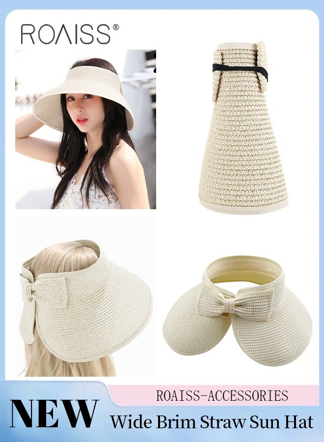 roaiss Women's Wide Brim Straw Hat with Bow Decor UV Protection Breathable Foldable Open Top Sun Visor Hat for Beach Vacation Packable Hat Floppy Cap Deep Style Adjustable Size - Image 1