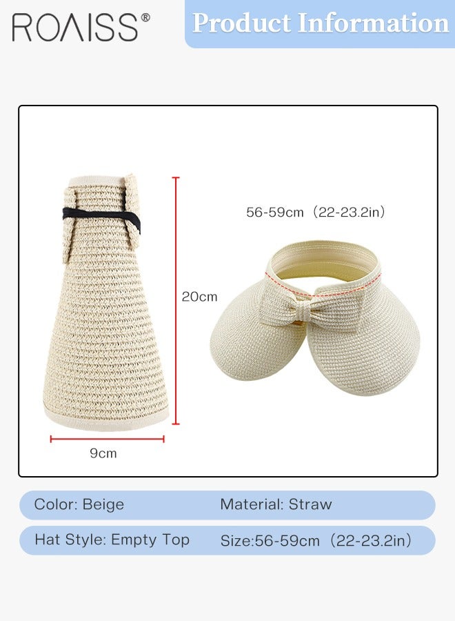 roaiss Women's Wide Brim Straw Hat with Bow Decor UV Protection Breathable Foldable Open Top Sun Visor Hat for Beach Vacation Packable Hat Floppy Cap Deep Style Adjustable Size - Image 2