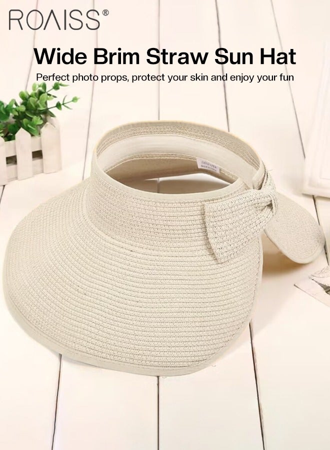 roaiss Women's Wide Brim Straw Hat with Bow Decor UV Protection Breathable Foldable Open Top Sun Visor Hat for Beach Vacation Packable Hat Floppy Cap Deep Style Adjustable Size - Image 3