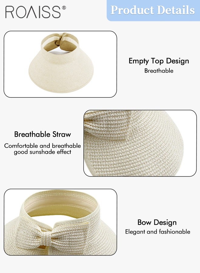 roaiss Women's Wide Brim Straw Hat with Bow Decor UV Protection Breathable Foldable Open Top Sun Visor Hat for Beach Vacation Packable Hat Floppy Cap Deep Style Adjustable Size - Image 4