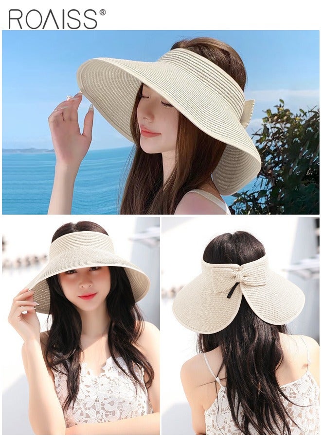 roaiss Women's Wide Brim Straw Hat with Bow Decor UV Protection Breathable Foldable Open Top Sun Visor Hat for Beach Vacation Packable Hat Floppy Cap Deep Style Adjustable Size - Image 5