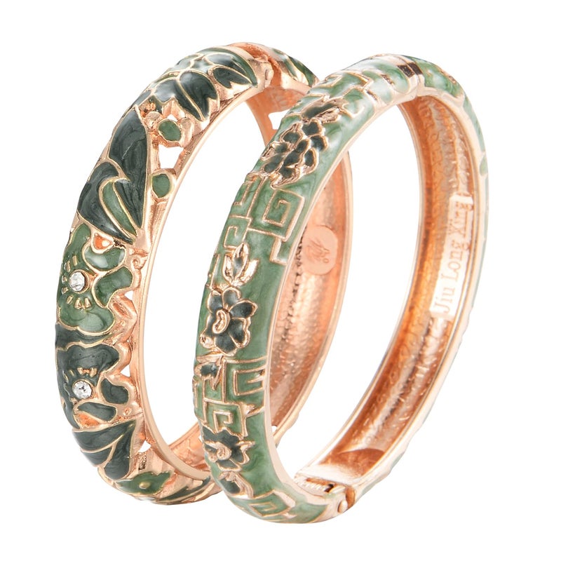 UJOY Vintage Cloisonne Bracelet Beautiful Flower Enamel Hinge Plated Bangles Jewelry for Women's Gifts 88A08-55A114 Green - Image 1
