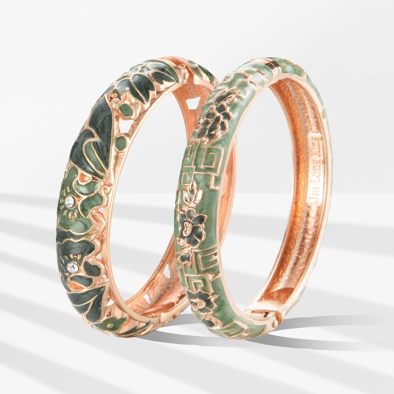UJOY Vintage Cloisonne Bracelet Beautiful Flower Enamel Hinge Plated Bangles Jewelry for Women's Gifts 88A08-55A114 Green - Image 2