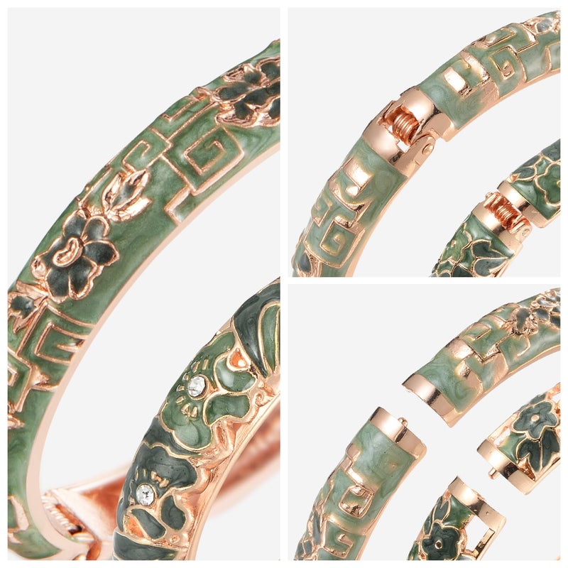 UJOY Vintage Cloisonne Bracelet Beautiful Flower Enamel Hinge Plated Bangles Jewelry for Women's Gifts 88A08-55A114 Green - Image 4