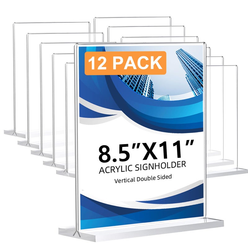 DECOHOBO 12 Pack Acrylic Sign Holder 8.5 x 11, Double-Sided Clear Sign Holder Plastic Stands for Display, T Shape Acrylic Table Sign Stands for Office Store Restaurants Wedding Party Decoration - Image 1