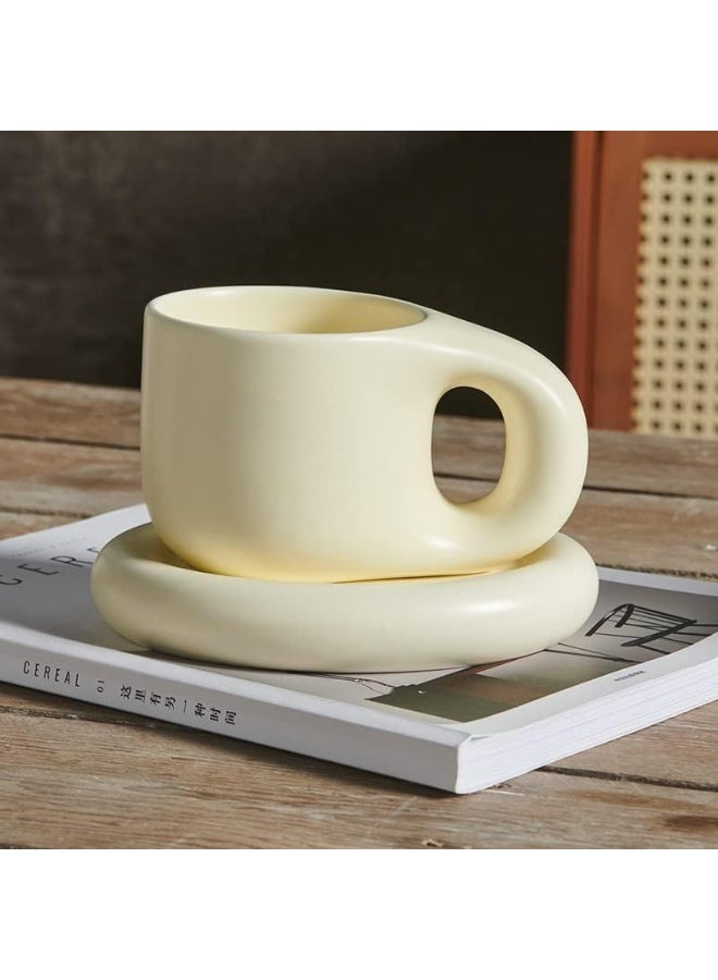 Ceramic Coffee Chubby Mug Saucer Set, Creative Cute Fat Handle Cup with Saucer for Office and Home, Dishwasher and Microwave Safe, 10 oz for Latte Tea Milk - Image 1
