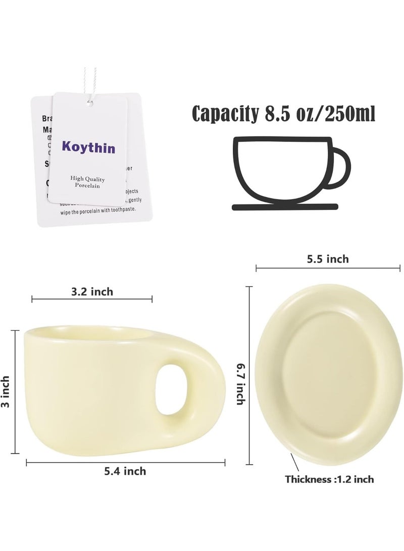 Ceramic Coffee Chubby Mug Saucer Set, Creative Cute Fat Handle Cup with Saucer for Office and Home, Dishwasher and Microwave Safe, 10 oz for Latte Tea Milk - Image 2