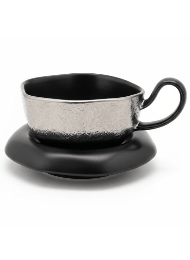 AKDC Stylish Silver Ceramic Cup with Modern Decorative Finish & Contrasting Black Saucer 200ml - Image 2