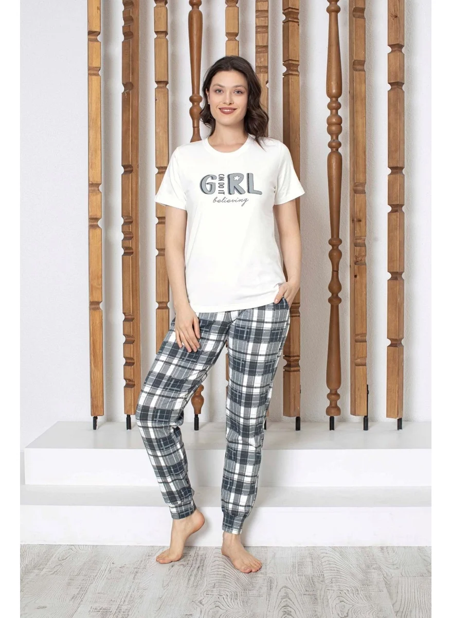 Bie'S White Plaid Buttonless Crew Neck Cotton Short Sleeve Pocket Jogger/Skinny Leg Pajama Set