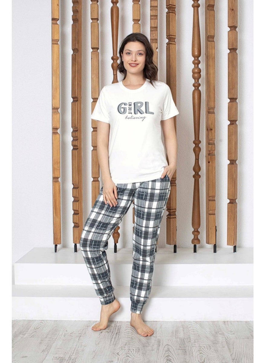 Bie's White Plaid Buttonless Crew Neck Cotton Short Sleeve Pocket Jogger/Skinny Leg Pajama Set  - Image 1