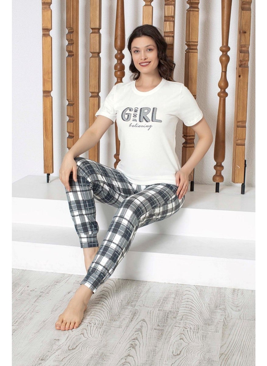 Bie's White Plaid Buttonless Crew Neck Cotton Short Sleeve Pocket Jogger/Skinny Leg Pajama Set  - Image 2