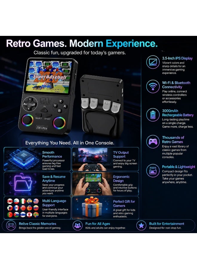 Handheld Retro Gaming Console, 3.5-Inch IPS Display, Wi-Fi and Bluetooth, 3000mAh Battery, Portable Gaming Device with Rechargeable Battery, Black - Image 2
