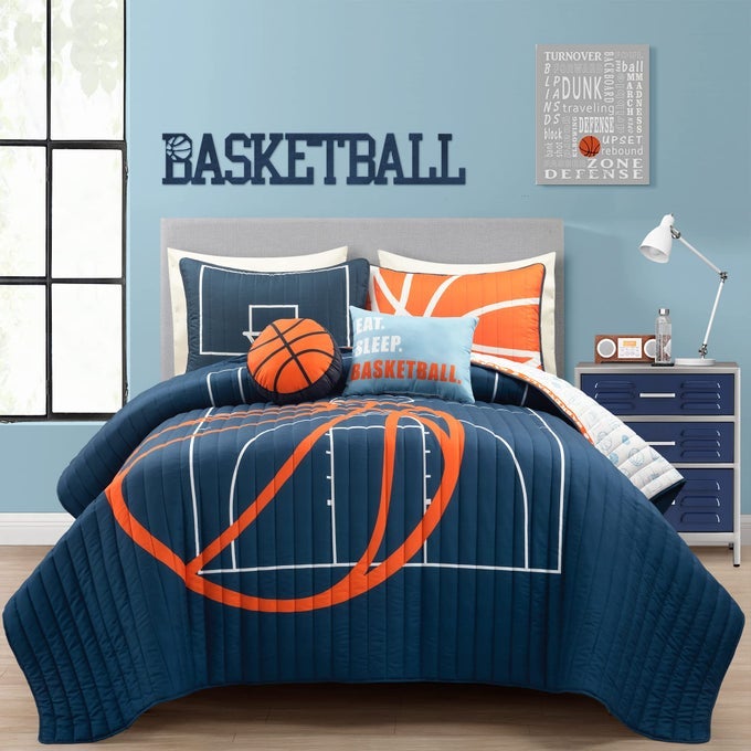 BASKETBALL GAME REVERSIBLE QUILT SET 5 PIECE SET FULL QUEEN NAVY SOFT TEEN BEDDING SET BASKETBALL DECOR SPORTS QUILT KIDS BEDROOM DECOR