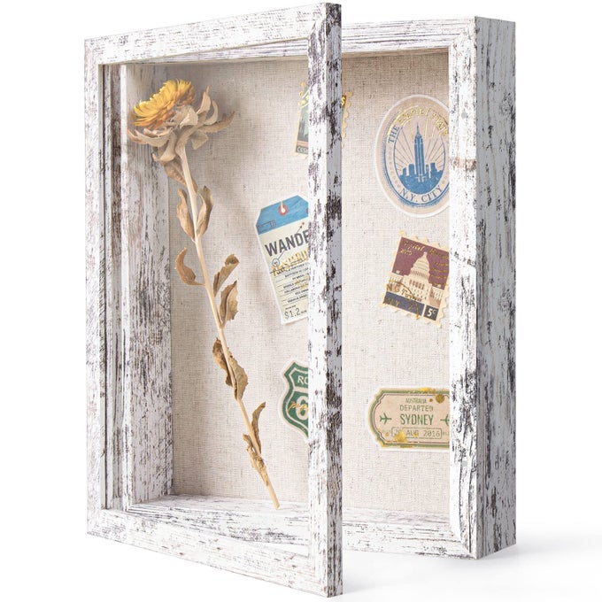 8X10 SHADOW BOX FRAME WITH LINEN BACK REAL GLASS PUSH PINS INCLUDED STURDY RUSTIC MEMORY DISPLAY CASE DISTRESSED WHITE