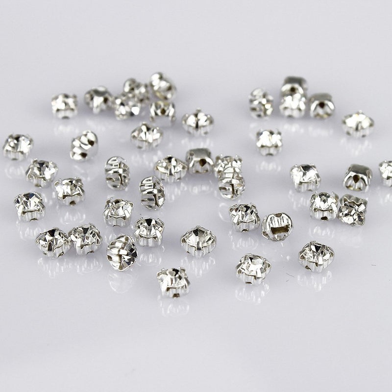 LolliBeads LolliBeads TM 100 Pcs Crystal Ringed Sew on Rhinestone Czech Glass with Silver Plated Brass Base Prongs Cup White 5 mm