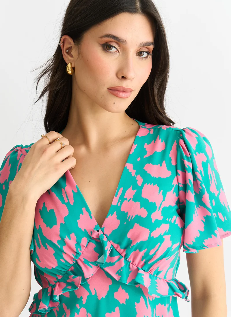 Gini London  Green Animal Print V Neck Ruffle Midi Dress for Women | Best Price UAE