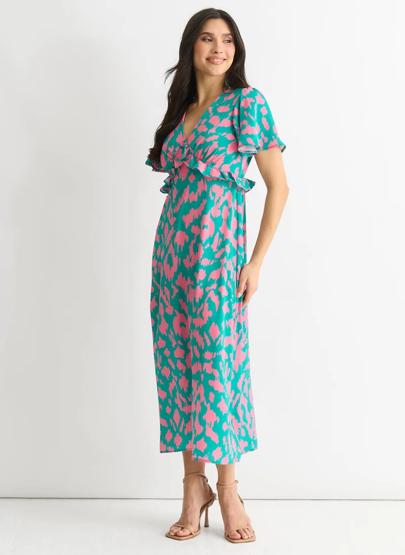 Gini London  Green Animal Print V Neck Ruffle Midi Dress for Women | Best Price UAE