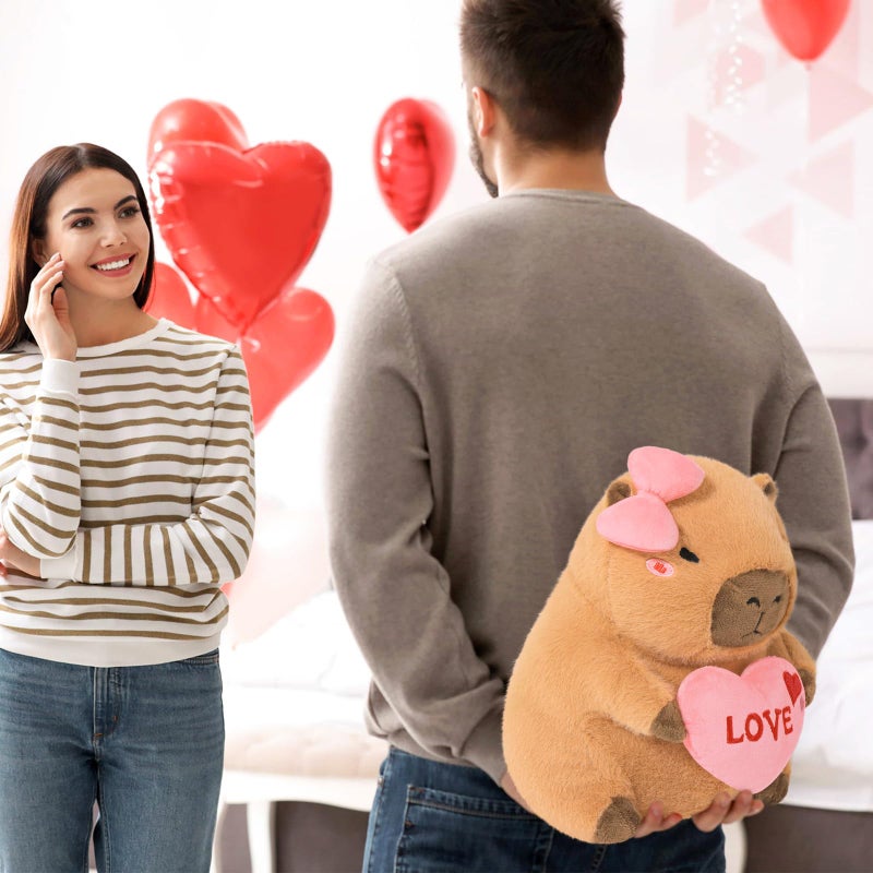 Ditucu Original Love Capybara Plush with Holding Heart 11 inch Cute Bow Stuffed Animal Soft Plushies Toys Romantic Sweet Valentine's Day Gifts for Kids Girlfriend Brown - Image 3