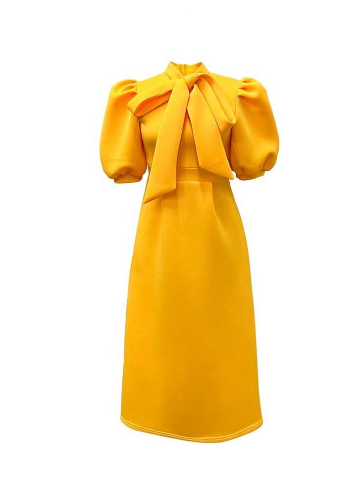 Loquat Women's Large Bow Solid Color Short Sleeve Dress Yellow  - Image 1