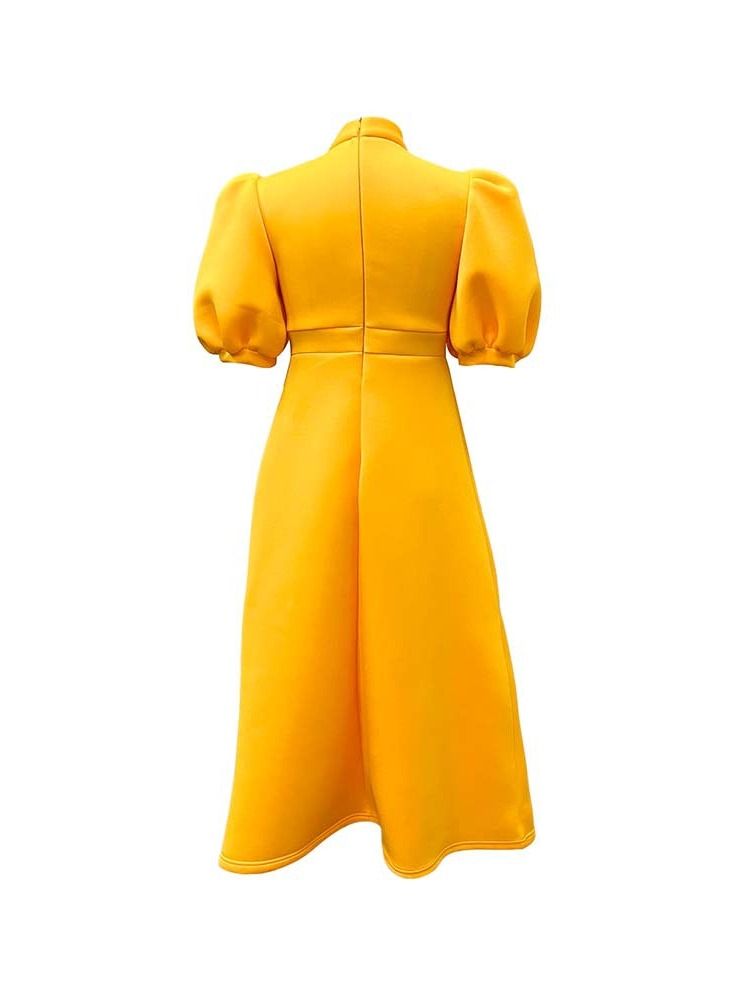 Loquat Women's Large Bow Solid Color Short Sleeve Dress Yellow  - Image 2