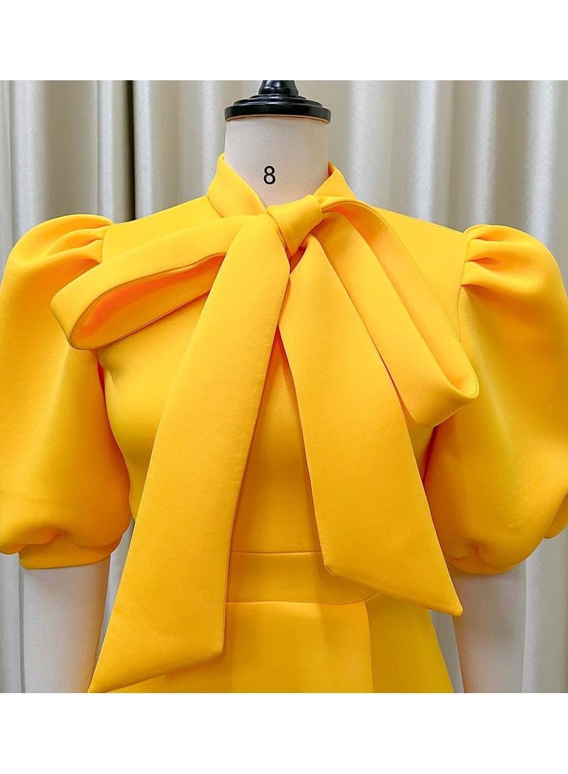 Loquat Women's Large Bow Solid Color Short Sleeve Dress Yellow  - Image 3