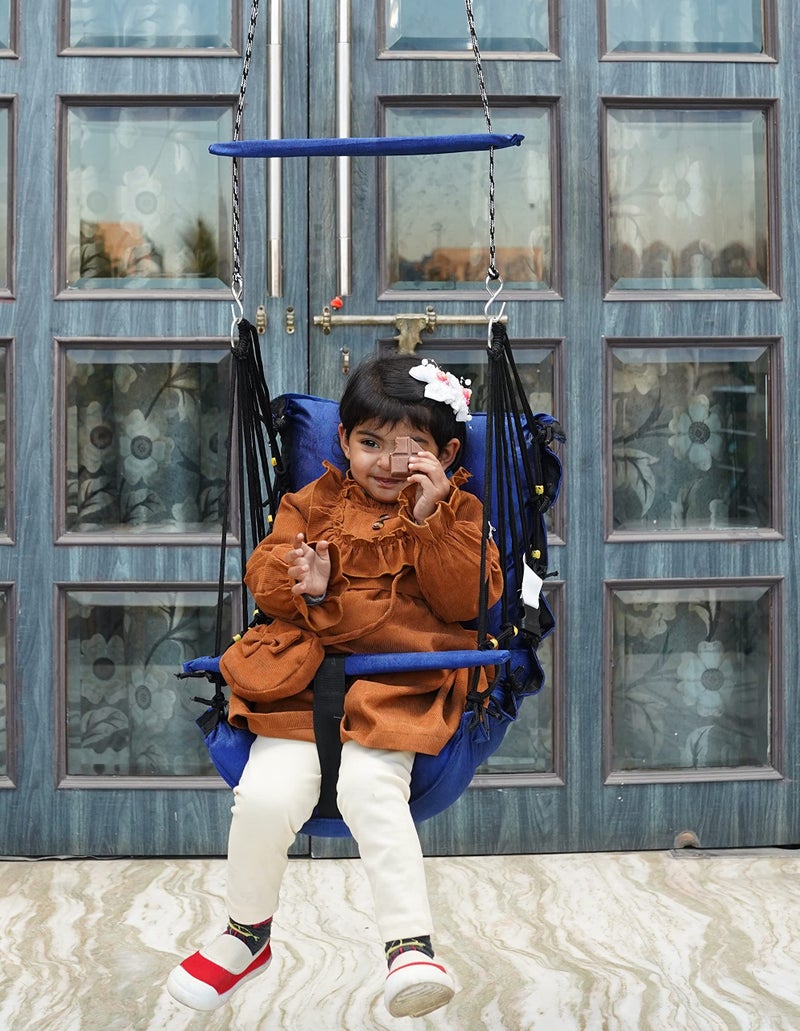 Patiofy Baby Jhula Swing - Hanging Indoor & Washable, Ideal For 1-5 Years With Safety Belt - Blue Metal, 15 Cm - Image 1