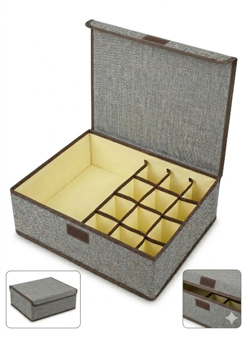 Fabric Storage Box with Lid, Closet Organizer with Dividers, Foldable Clothes Storage Bin for Underwear, Socks, Makeup & Accessories, Wardrobe Organizer Box 33 x 25 x 12 cm. Closet Storage Organizer Set Foldable Clothes Boxes - Image 1