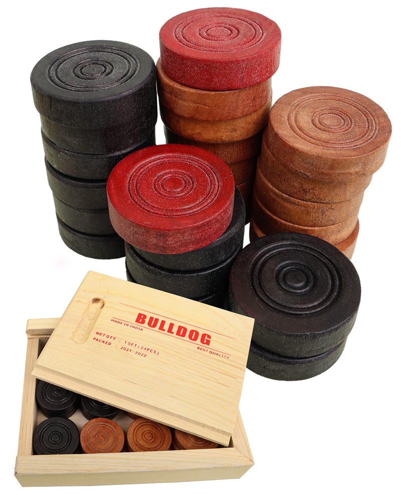 Toyshine 24Pc Bulldog Wooden Carrom Playing Coins Set -Durable Balanced Smooth Finish Coins with Storage Box - Image 1