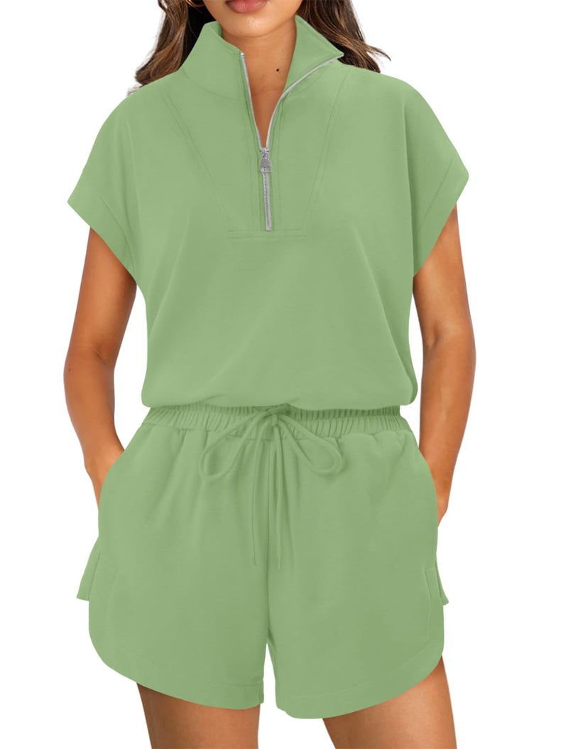 KISSMODA Two Piece Sets for Women Sweatsuit Half Zip Casual Tracksuits Short Sleeve Pullover Tops and Shorts 2026 Lounge Outfits Green Medium