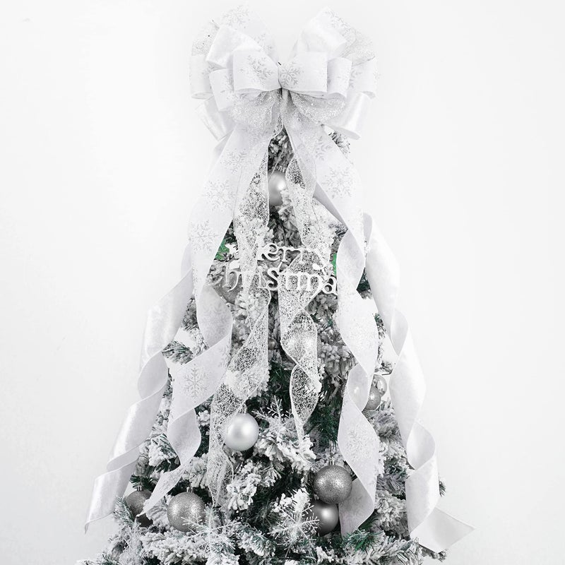 MEEDEE White Glitter Christmas Bows  12 Wide Velvet Bows for Christmas Tree 1 Pack