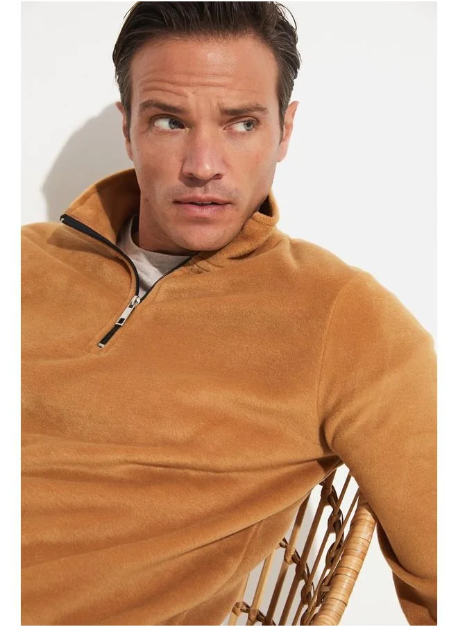 JUNE June Men Half Zip Fleece Sweatshirt Beige