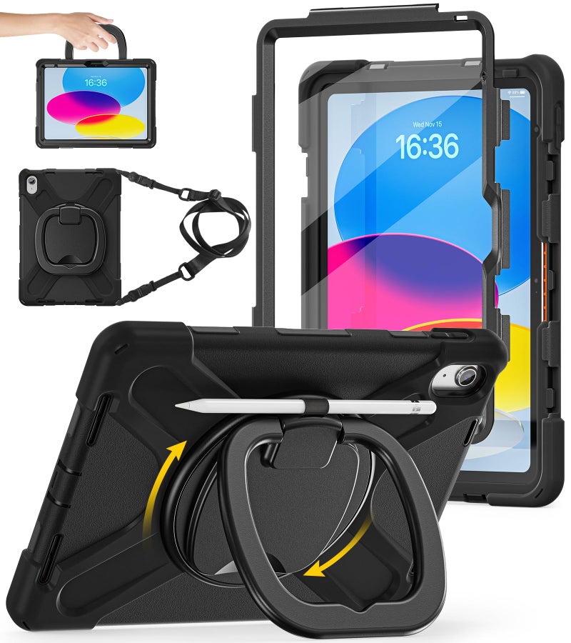 BATYUE Case for iPad (A16) 11th/10th Gen 11''/10.9'' 2025/2022 - Heavy Duty Shockproof Cover with 360Â° Rotating & 180Â° Folding Stand, Screen Protector, Shoulder Strap & Pencil Holder | Black - Image 1