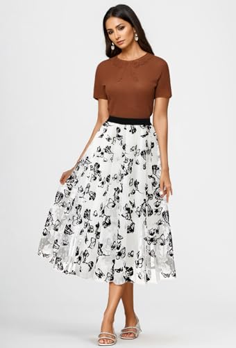 Reaowazo Skirts for Women Midi Long Length Dressy Casual Trendy Summer Tulle A-Line Floral High Waist Skirt White XS - Image 2