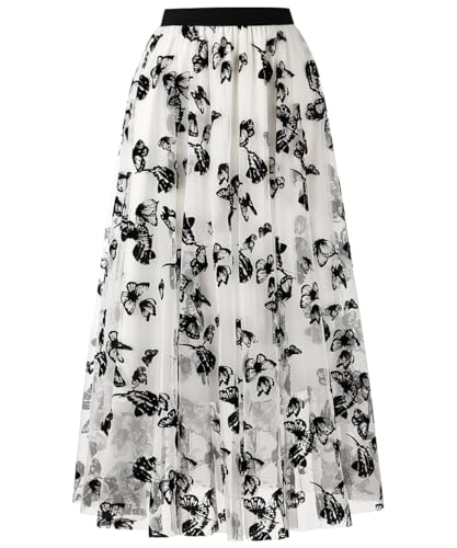 Reaowazo Skirts for Women Midi Long Length Dressy Casual Trendy Summer Tulle A-Line Floral High Waist Skirt White XS - Image 1