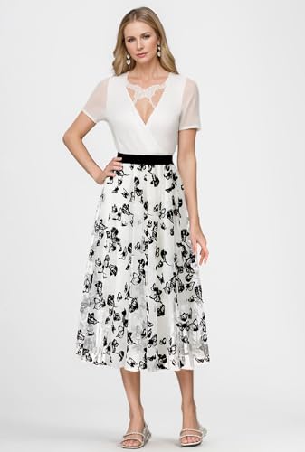 Reaowazo Skirts for Women Midi Long Length Dressy Casual Trendy Summer Tulle A-Line Floral High Waist Skirt White XS - Image 3