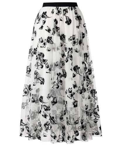 Reaowazo Skirts for Women Midi Long Length Dressy Casual Trendy Summer Tulle A-Line Floral High Waist Skirt White XS - Image 4