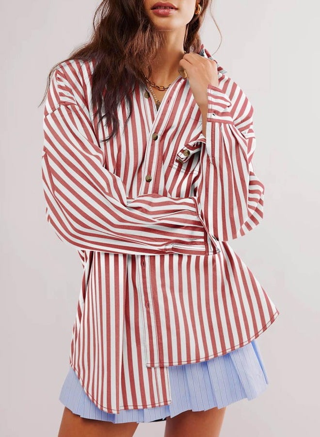 Cicy Bell Womens Oversized Striped Button Down Shirts Boyfriend Long Sleeve Collared Work Blouses - Image 2