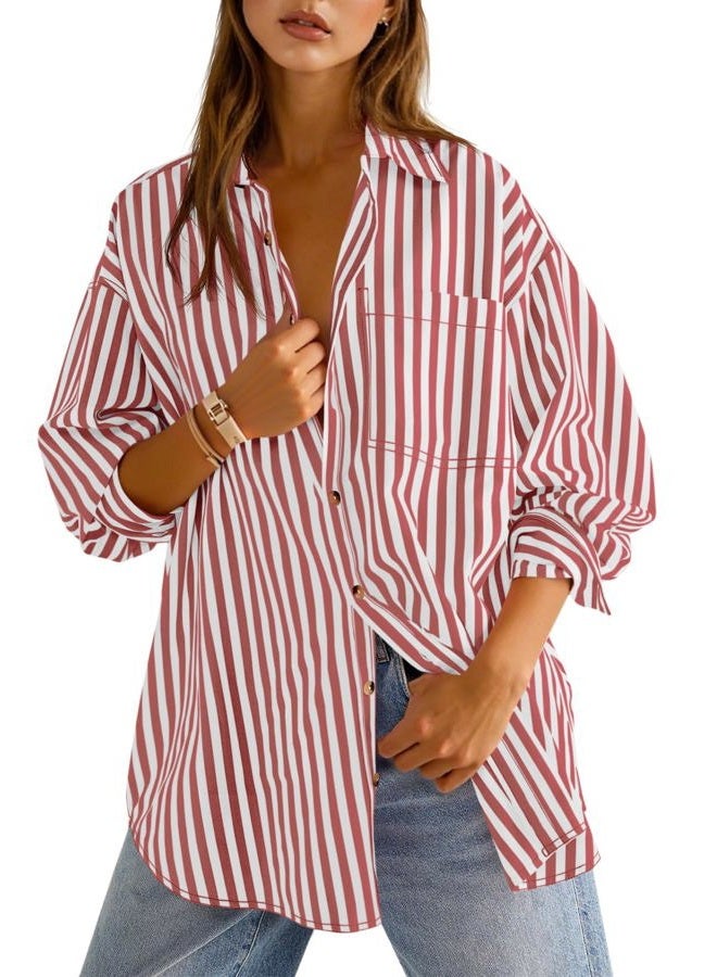 Cicy Bell Womens Oversized Striped Button Down Shirts Boyfriend Long Sleeve Collared Work Blouses - Image 1