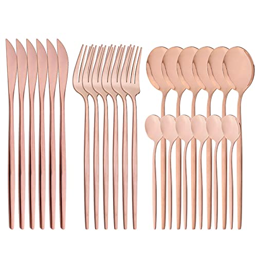 Snplowum 24-Piece Mirror Copper Polished Flatware, 18/0 Stainless Steel Dinnerware Set Include Knife Fork Spoon Teaspoon Cutlery Set For Home Restaurant and Party Service For 6, Dishwasher Safe - Image 1