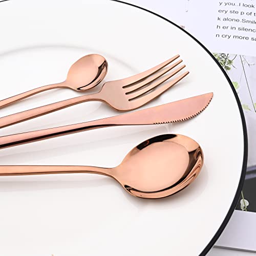 Snplowum 24-Piece Mirror Copper Polished Flatware, 18/0 Stainless Steel Dinnerware Set Include Knife Fork Spoon Teaspoon Cutlery Set For Home Restaurant and Party Service For 6, Dishwasher Safe - Image 2