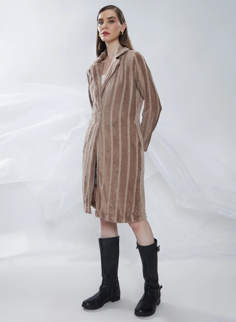Campus Sutra Women's Ash Brown Single-Breasted Striped Long Coat