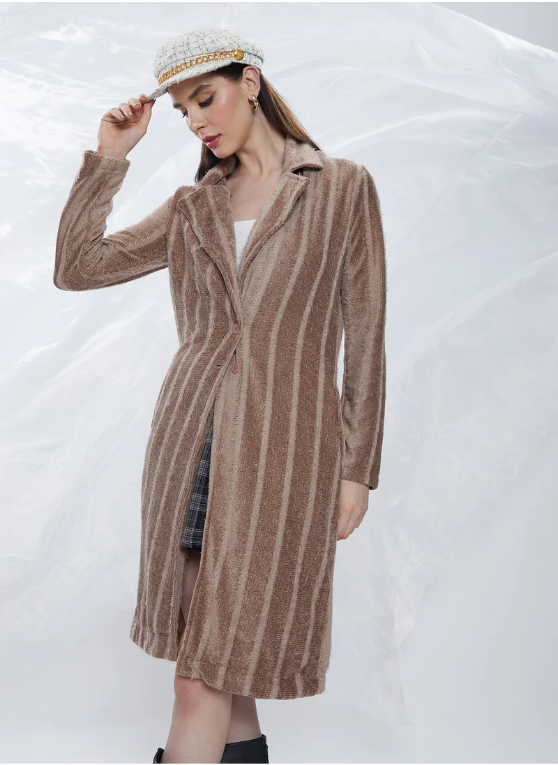 Campus Sutra Women's Ash Brown Single-Breasted Striped Long Coat