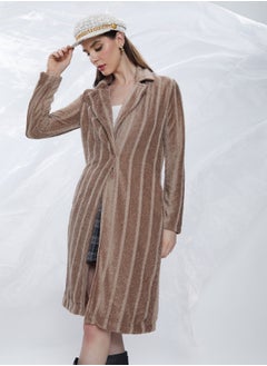 Campus Sutra Women's Ash Brown Single-Breasted Striped Long Coat  - Image 1