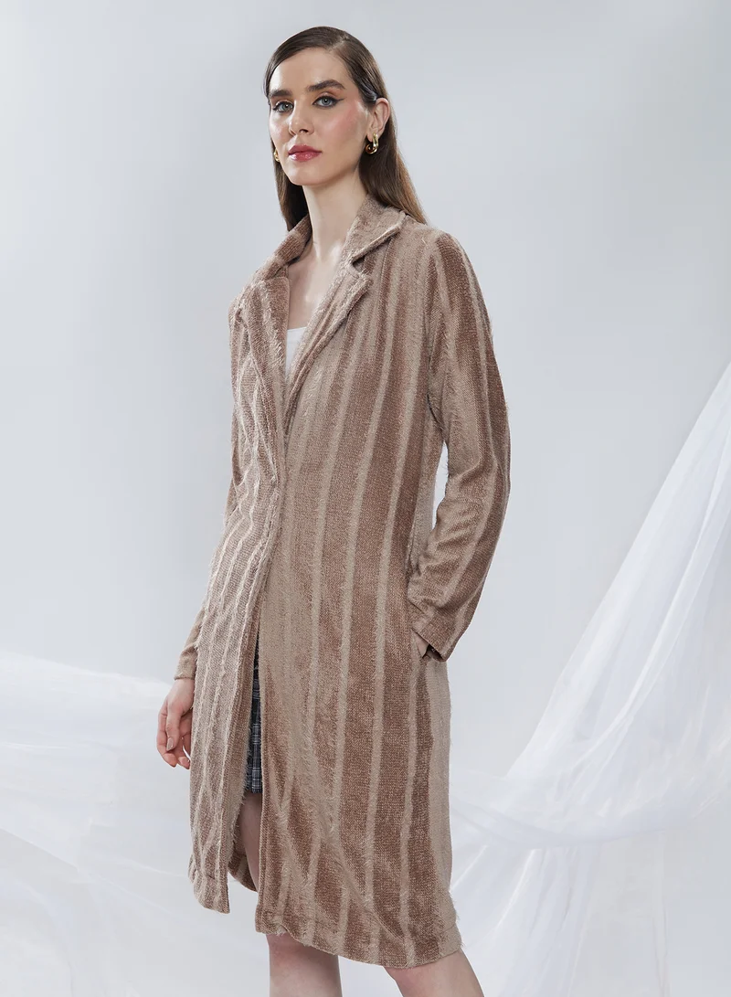 Campus Sutra Women's Ash Brown Single-Breasted Striped Long Coat