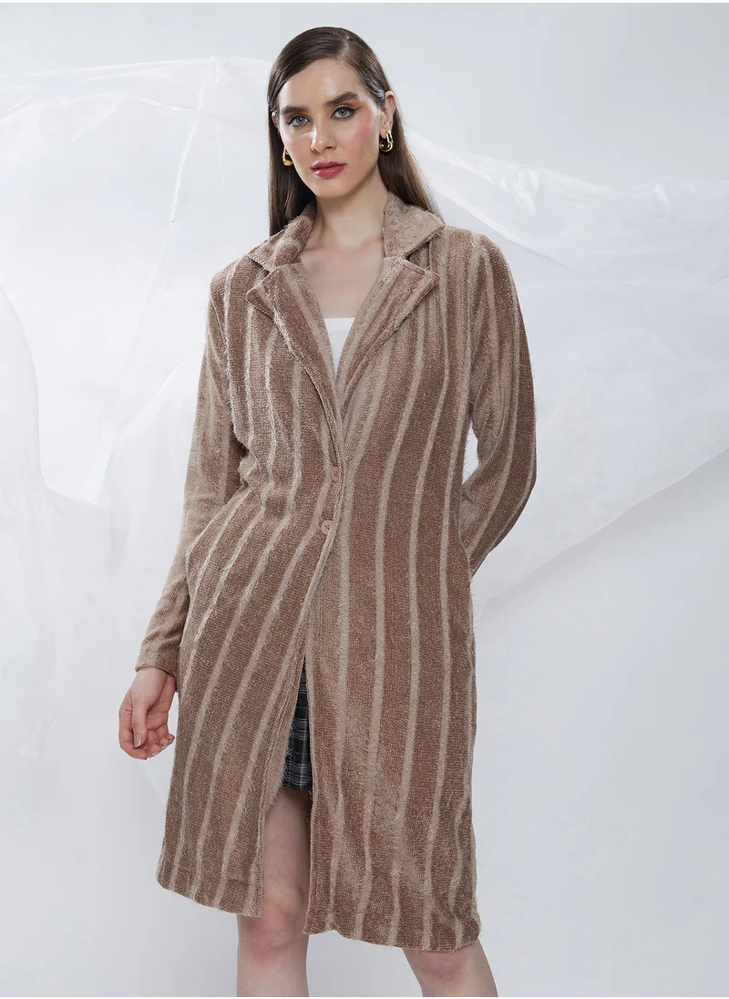 Campus Sutra Women's Ash Brown Single-Breasted Striped Long Coat