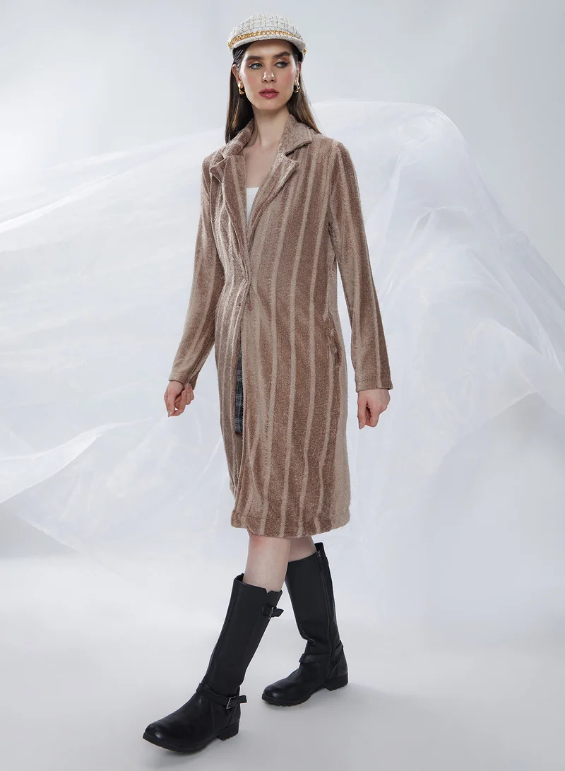 Campus Sutra Women's Ash Brown Single-Breasted Striped Long Coat