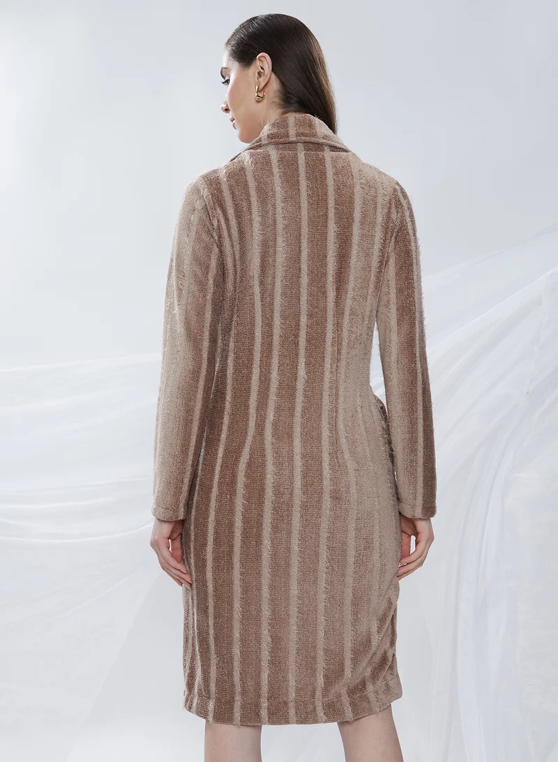 Campus Sutra Women's Ash Brown Single-Breasted Striped Long Coat