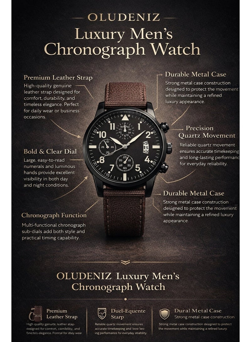 أولودينيز  طقم هدايا رجالي فاخر للأعمال – ساعة كرونوغراف كلاسيكية مع أساور جلدية أصلية (مجموعة من 4 قطع) - Image 4