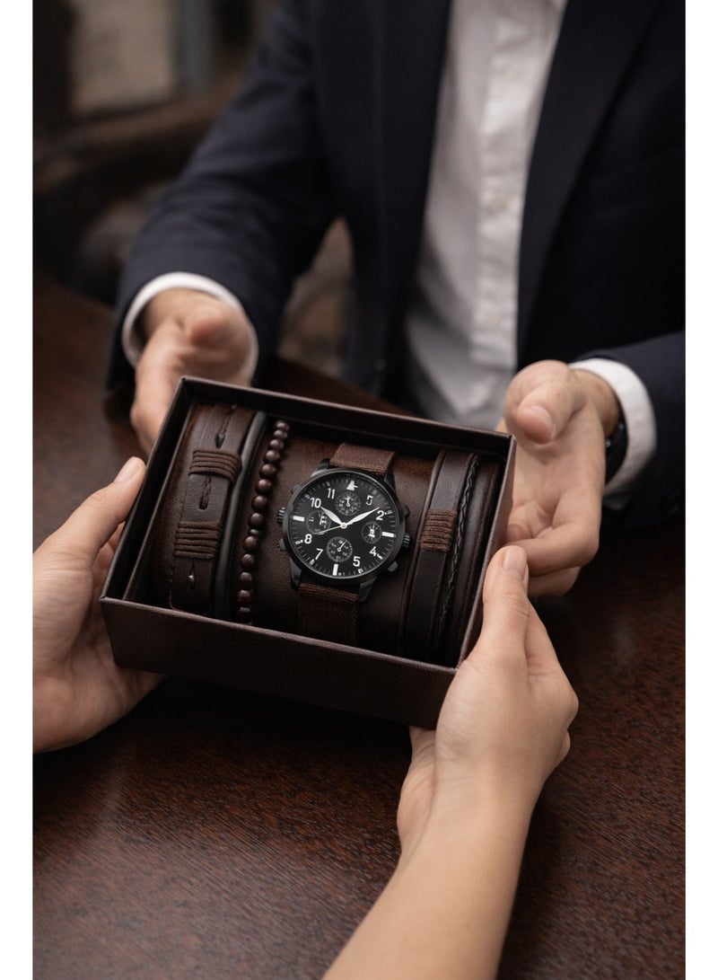 أولودينيز  طقم هدايا رجالي فاخر للأعمال – ساعة كرونوغراف كلاسيكية مع أساور جلدية أصلية (مجموعة من 4 قطع) - Image 1